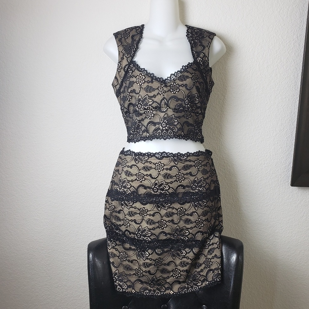 Bebe two piece dress black/nude overlay sz S